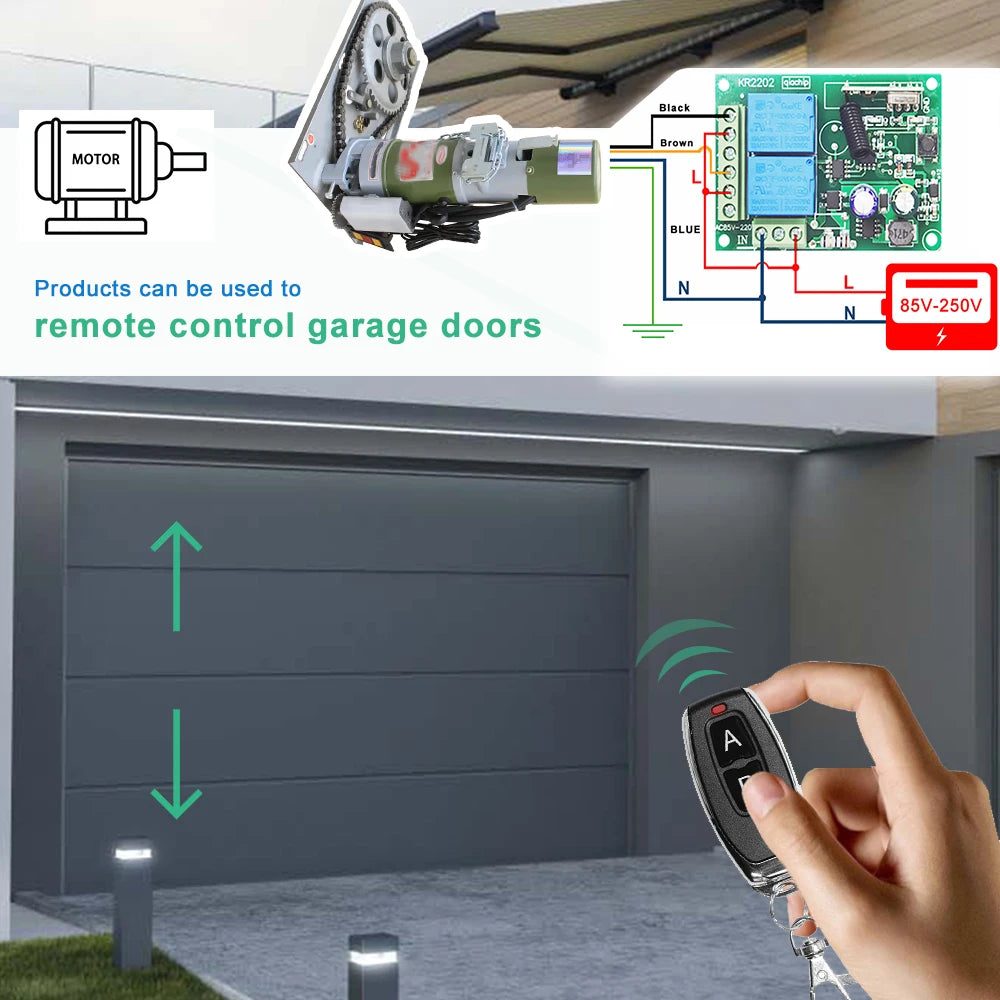 433Mhz 220V 110V Remote Control Switch for Light,Door, Garage Universal Remote AC 85V ~ 250V 2CH Relay Receiver and Controller3