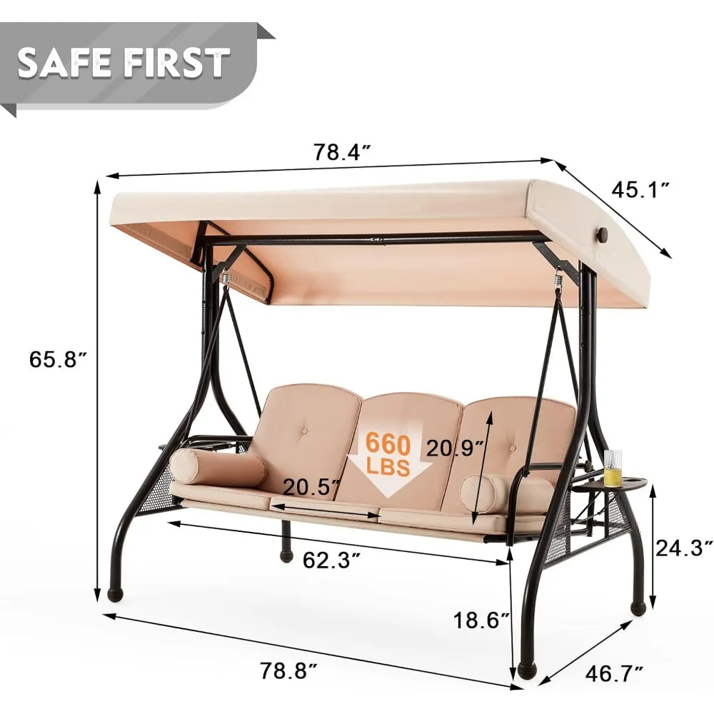 3 Seat Outdoor Porch Swing,Adjustable Canopy Porch Swings,Outdoor Swing with Stand,  Glider Chair with Thicken Patio Swings