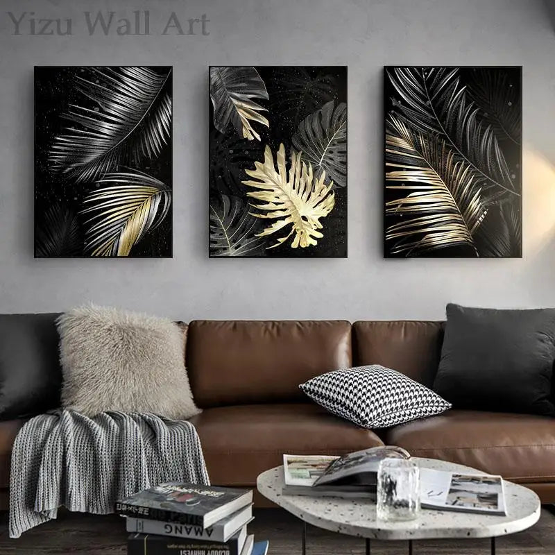 Palm Leaves Beautiful Black Gold Canvas Paintings Prints Modern Artwork Nordic Aesthetic Wall Art Poster Pictures Home Decor