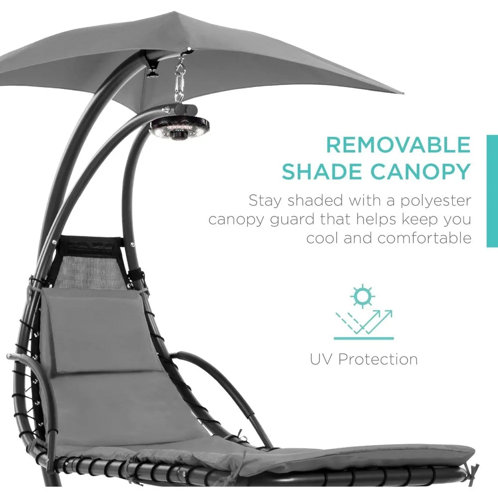 Hanging LED-Lit Curved Chaise Lounge Chair Swing for Backyard, Patio, Lawn w/ 3 Light Settings