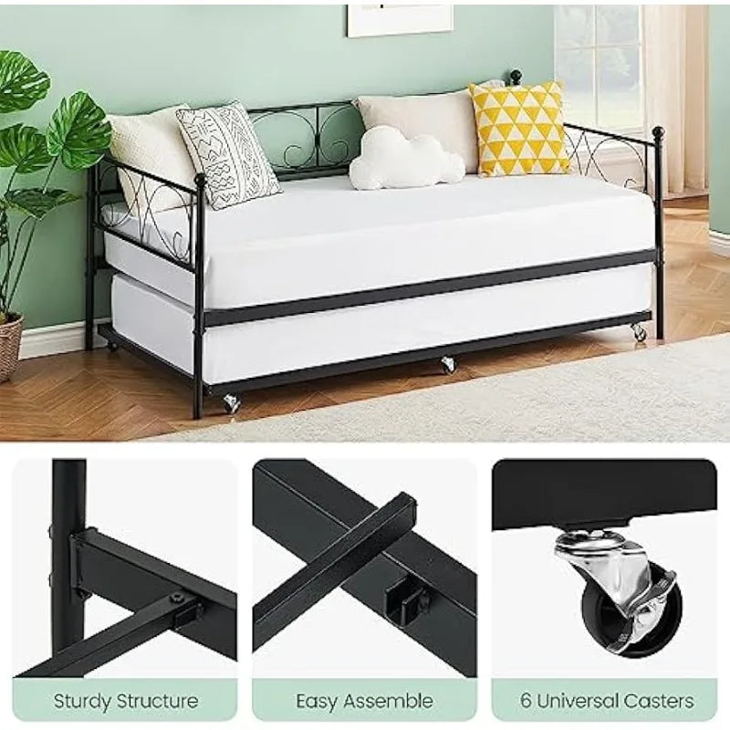 Metal Daybed Frame with Trundle Heavy Duty Metal Slats/Mattress Foundation Platform Sofa Bed with Headboard for Bedroom,