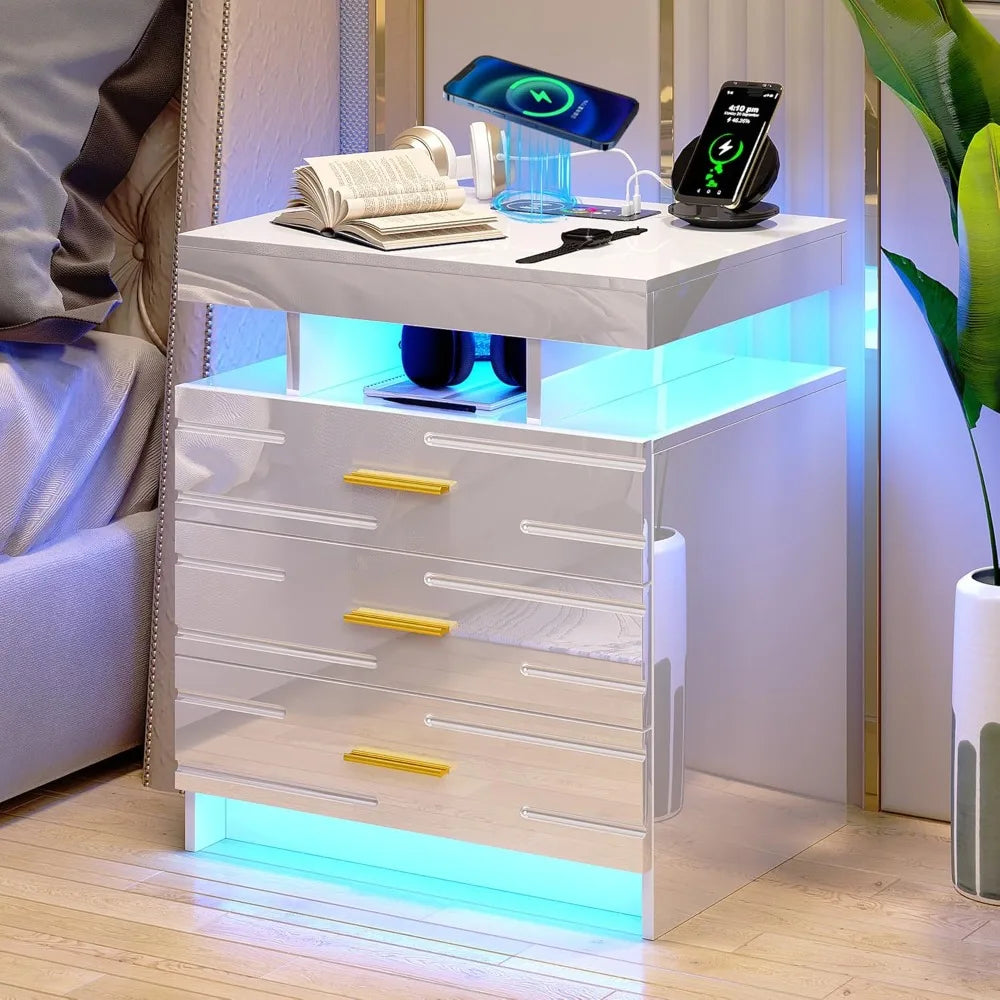 Bedside Table Nightstand with 24 Color LED Light  (White,1PC)