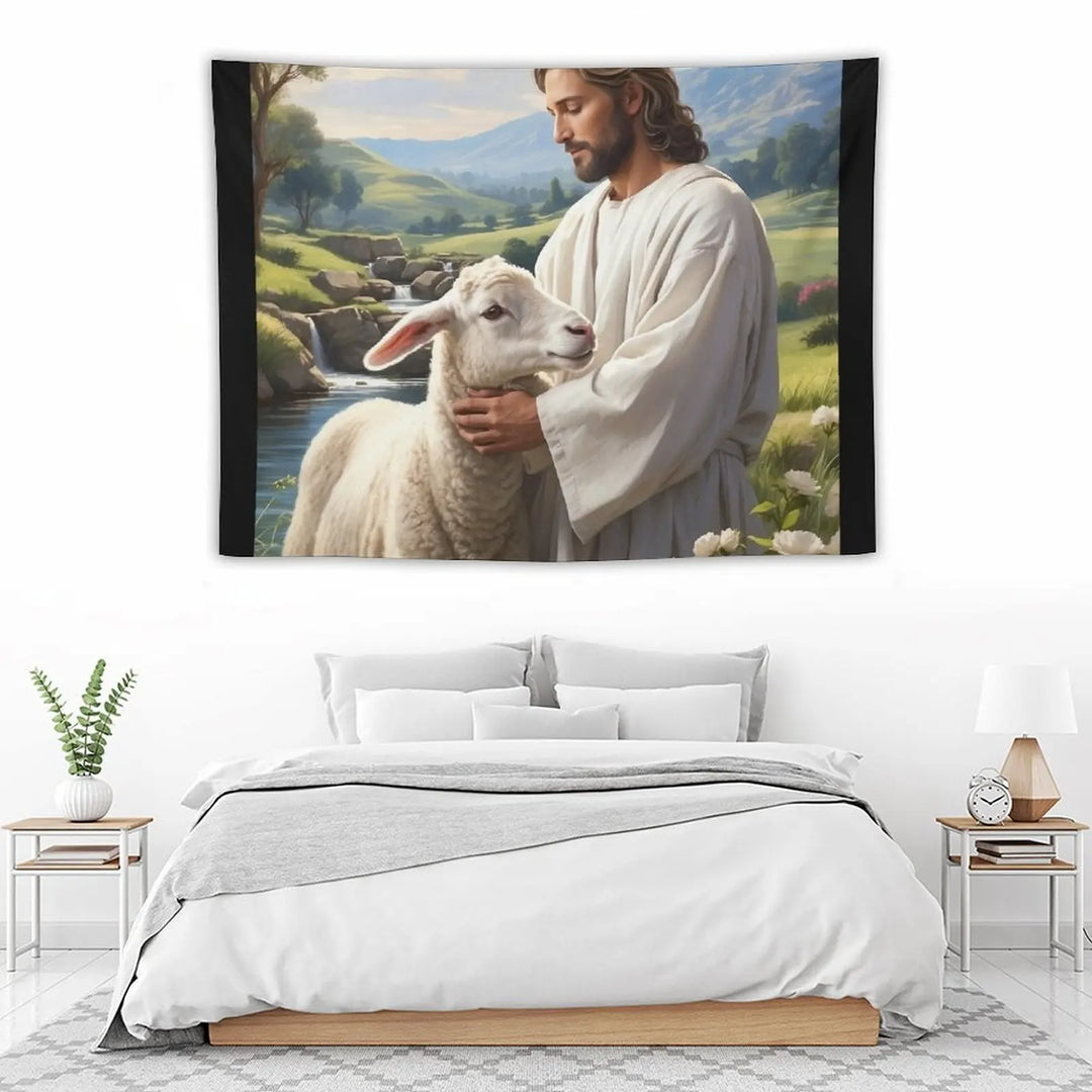 Christian Art: A Timeless Canvas Wall Décor of Jesus & Lamb Tapestry Room Decorator