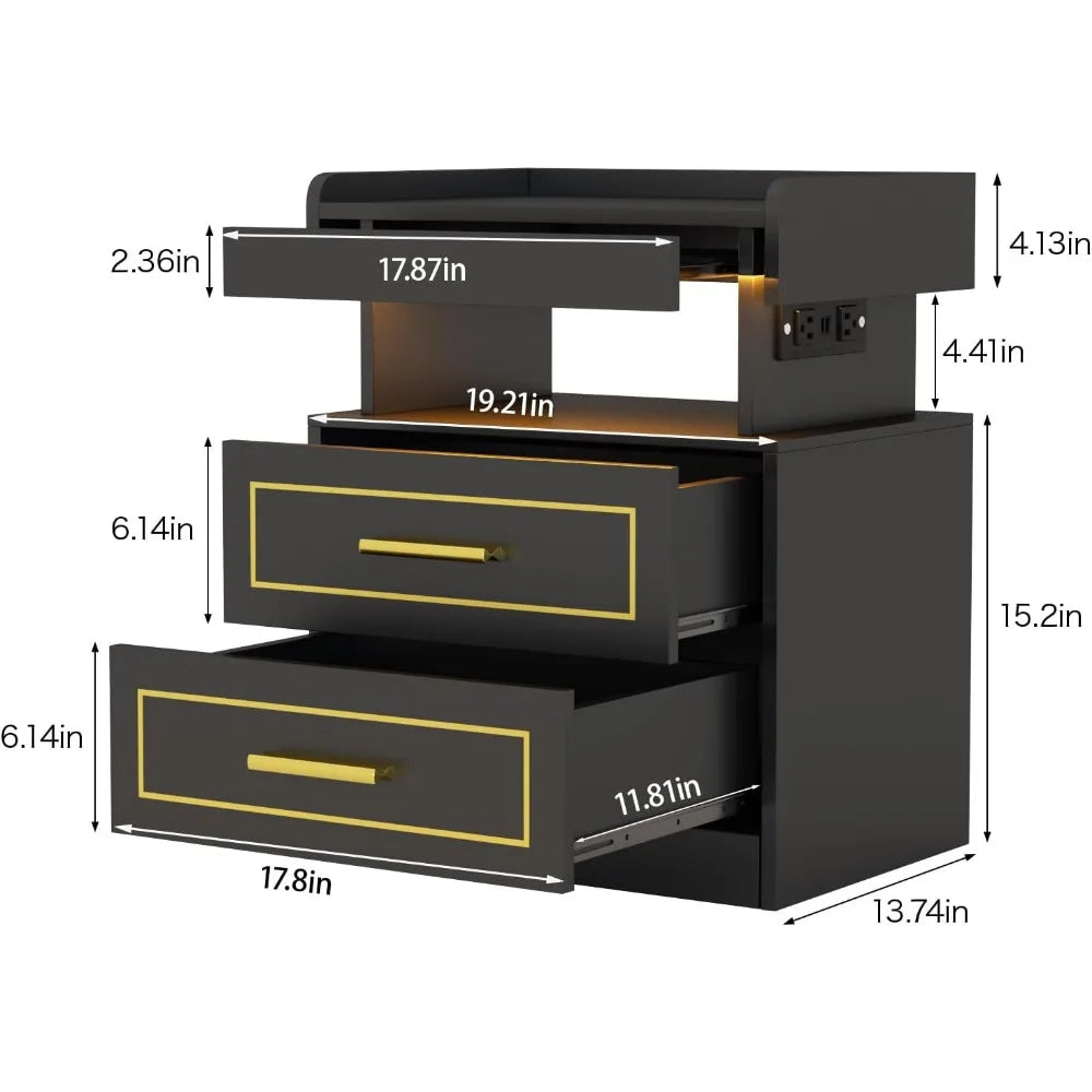 Modern Bedside Table With 2 Drawers Drawer Bedside Table With Charging Station and LED Light Bedroom Furniture Pull-out Shelves