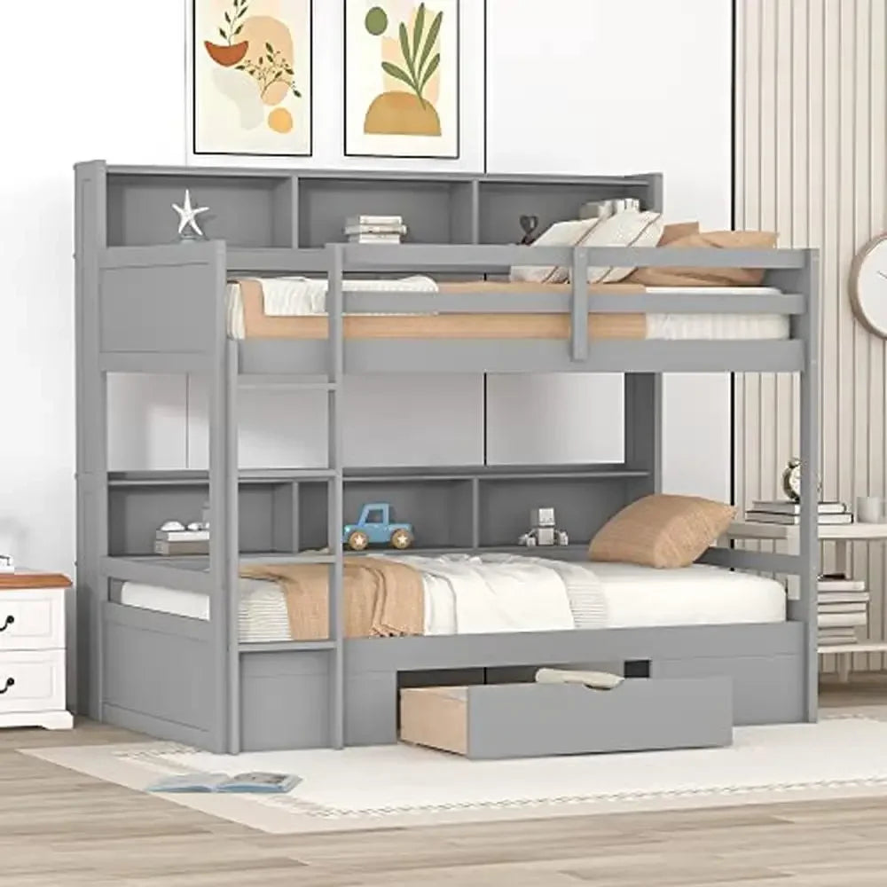 Wooden Twin Over Twin Bunk Bed with Underneath Storage Drawer and Three-In-One Built-in Shelves Sturdy Frame Grey Color 400lb