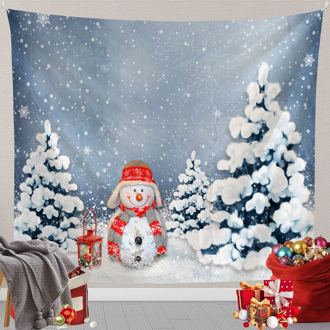 Christmas Scene Snowman, Santa Claus, Wall Tapestry Art