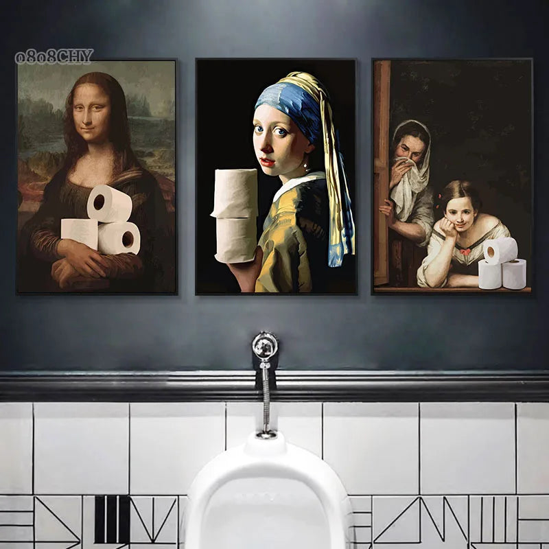 Funny Bathroom Toilet Poster Mona Lisa and Wearing Pearls Girl with Roll Paper Canvas Prints Posters Home Toilet Wall Art Decor