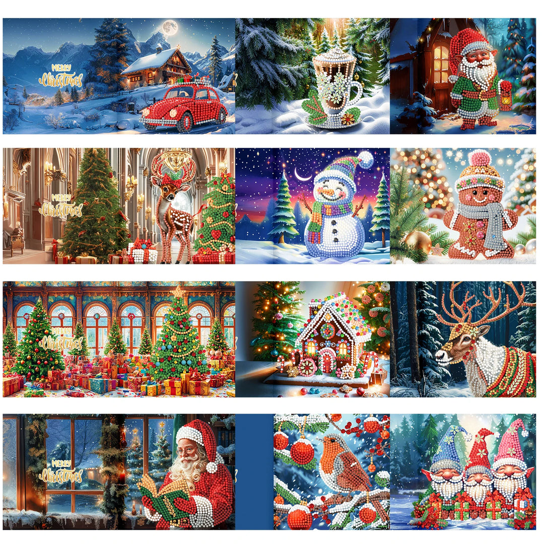 12pcs/Set DIY Diamond Painting Nouveaute 2024 Christmas Cards Christmas Collections Festival Cards For Adult Children DIY Gift