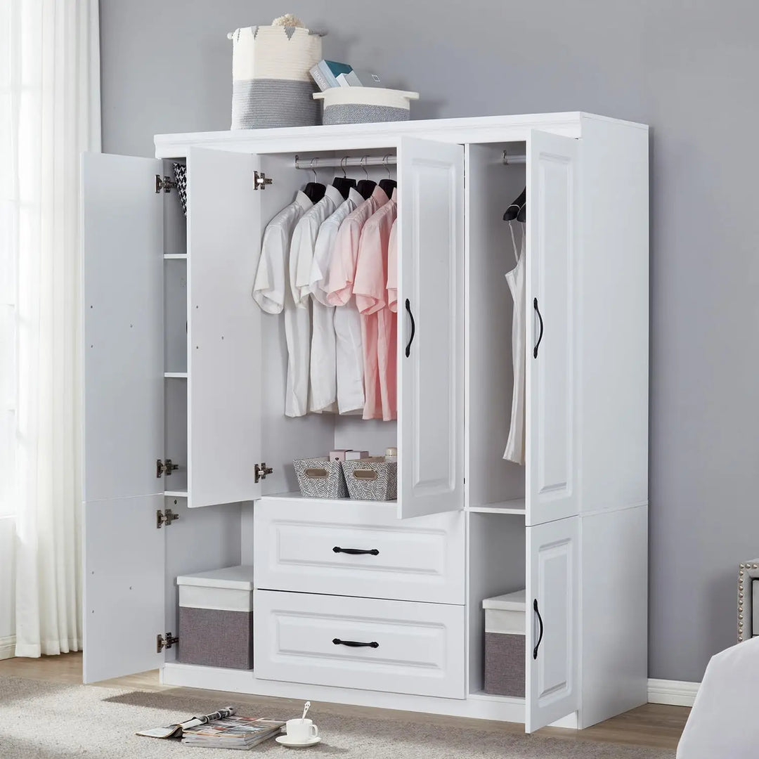 4 Door Armoire Wardrobe Closet Cabinet, 2 Drawers Wooden White Cabinet Closet with High Storage Capacity,