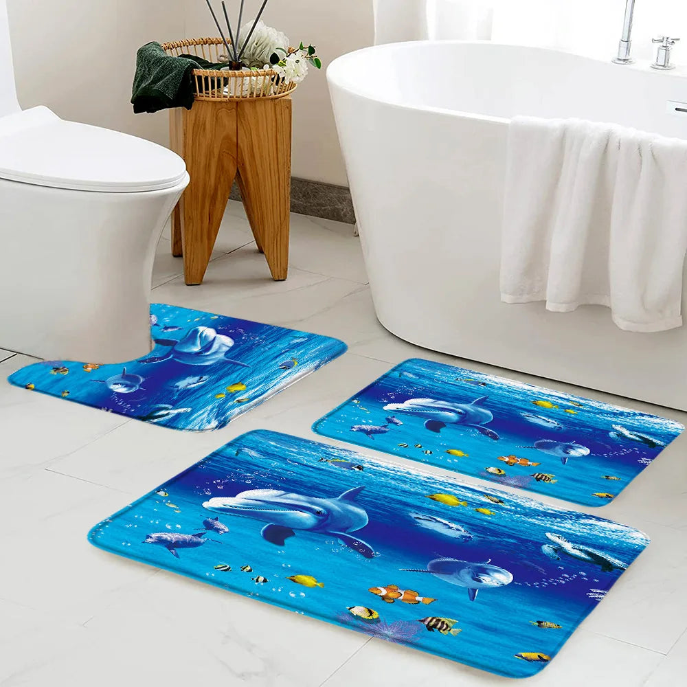 Ocean Animals Bath Mat Set Funny Dolphins Sea Turtle Fish Coral Underwater Scenery Kids Bathroom Decor Non-slip Rug U-shaped Mat