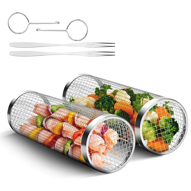 Rolling Grilling BBQ Basket Outdoor Picnic Camping Simple Cylindrical BBQ Grill Stainless Steel Leakproof Mesh Barbecue Rack