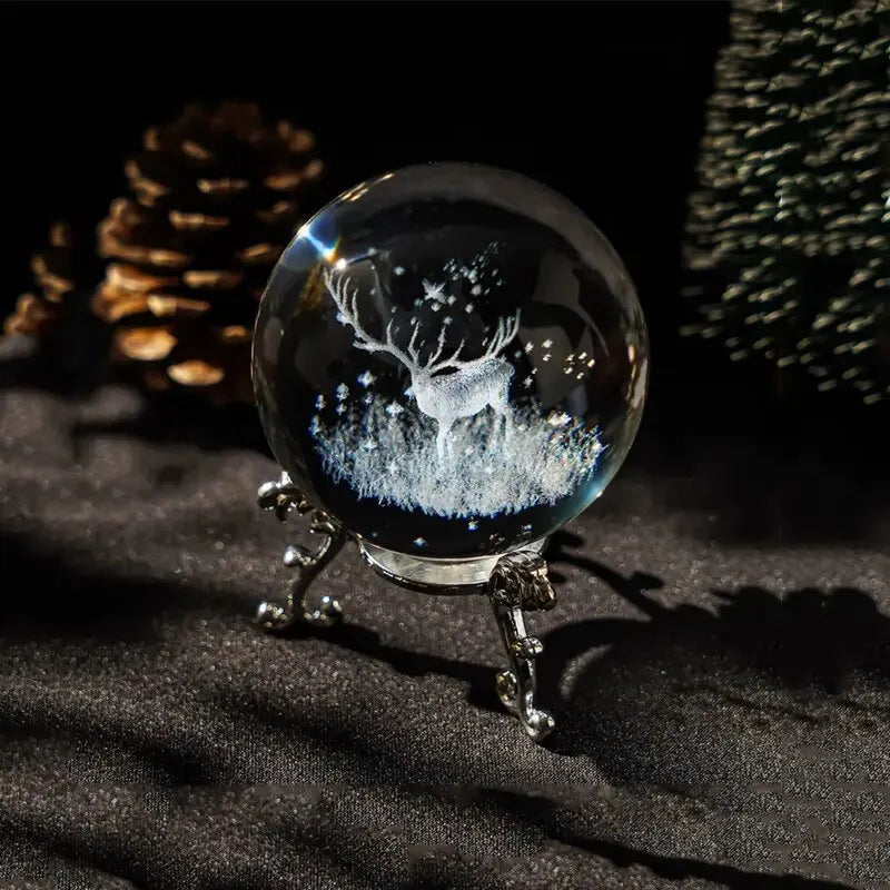 1Pc 2.4 inch (60mm) 3D Laser Engraved Deer Crystal Ball with Silver Plated Trellis, Beautiful Art Decoration and Gift