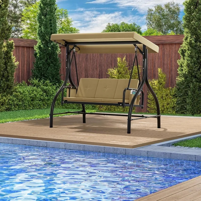 Outdoor Porch Swing, 3 Person Patio Swing Chair with Adjustable Canopy, Removable Cushion,Suitable for Garden, Poolside