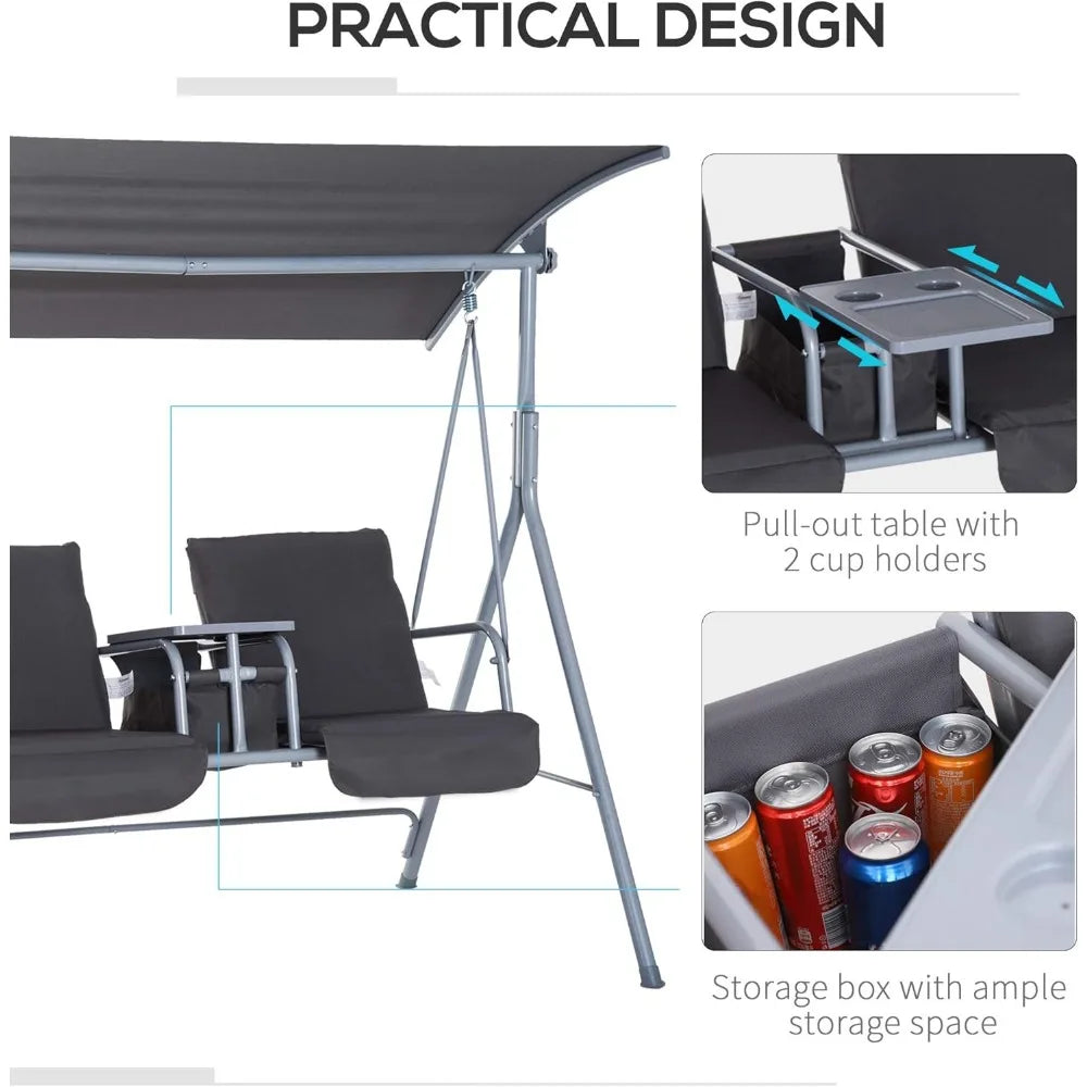 2 Person Porch Swing with Stand, Outdoor Swing with Canopy, Pivot Storage Table, 2 Cup Holders, Cushions for Patio, Backyard