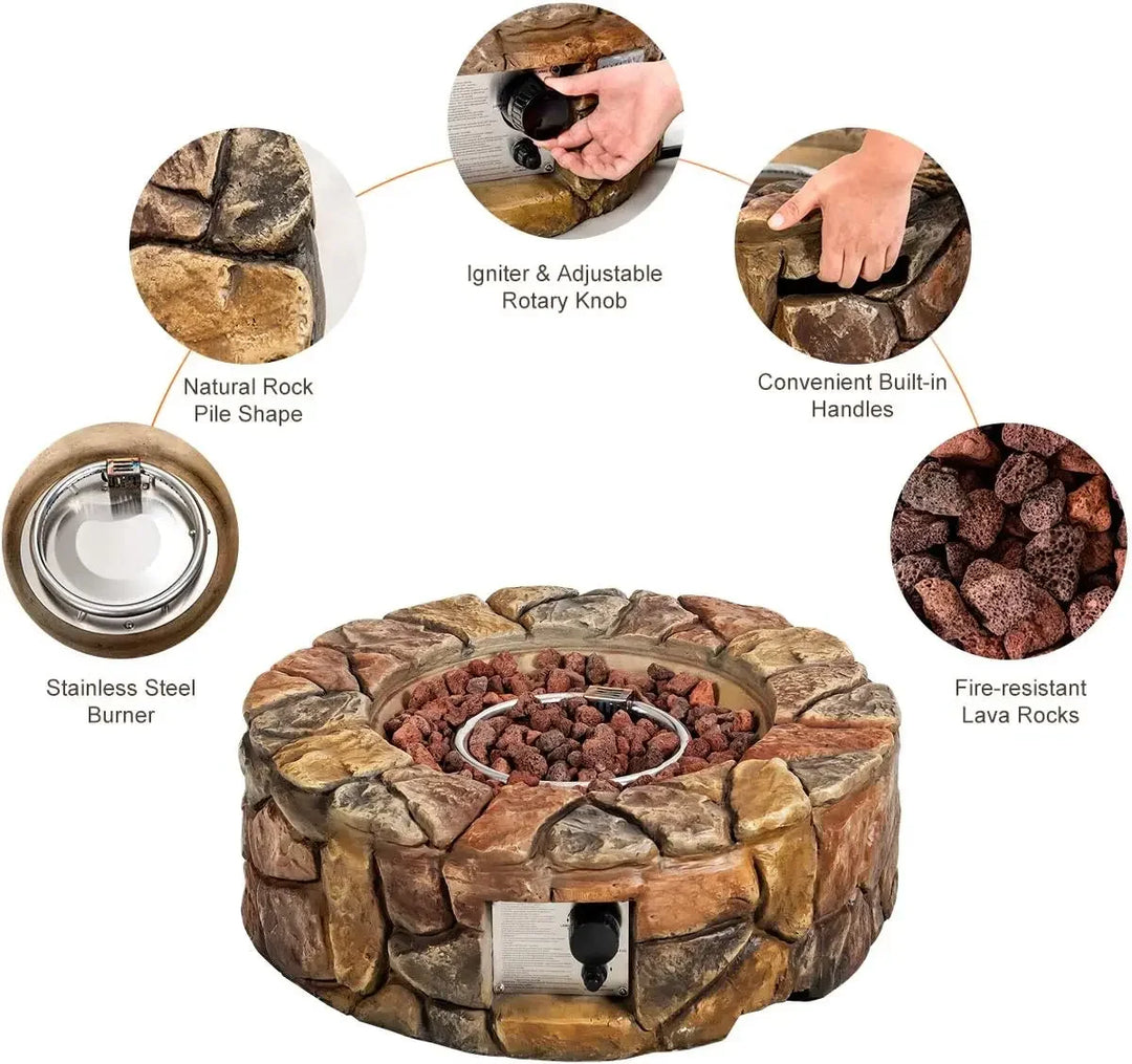 Giantex Gas Fire Pit, 28 Inch 40,000 BTU Propane Fire Pit Outdoor w/Natural Stone, Cover, ETL Certification, Stainless-Steel