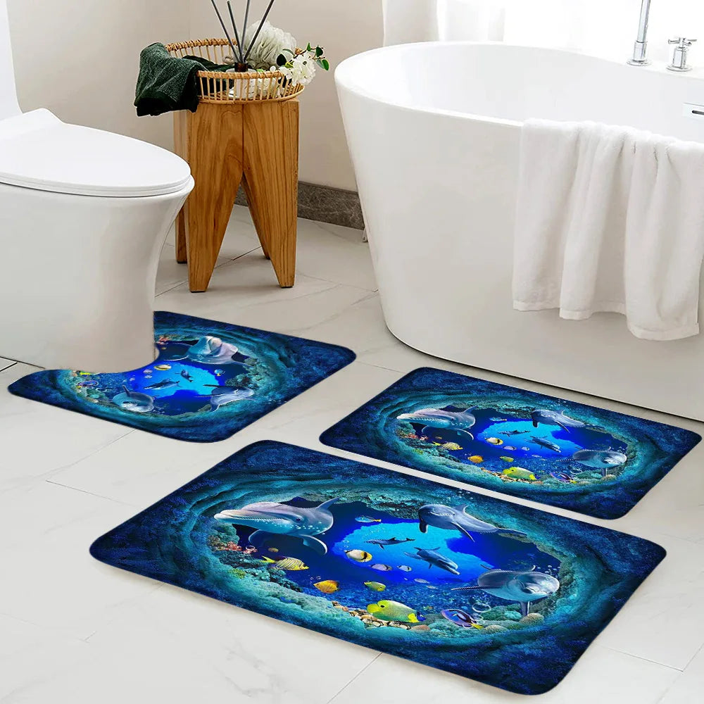 Ocean Animals Bath Mat Set Funny Dolphins Sea Turtle Fish Coral Underwater Scenery Kids Bathroom Decor Non-slip Rug U-shaped Mat