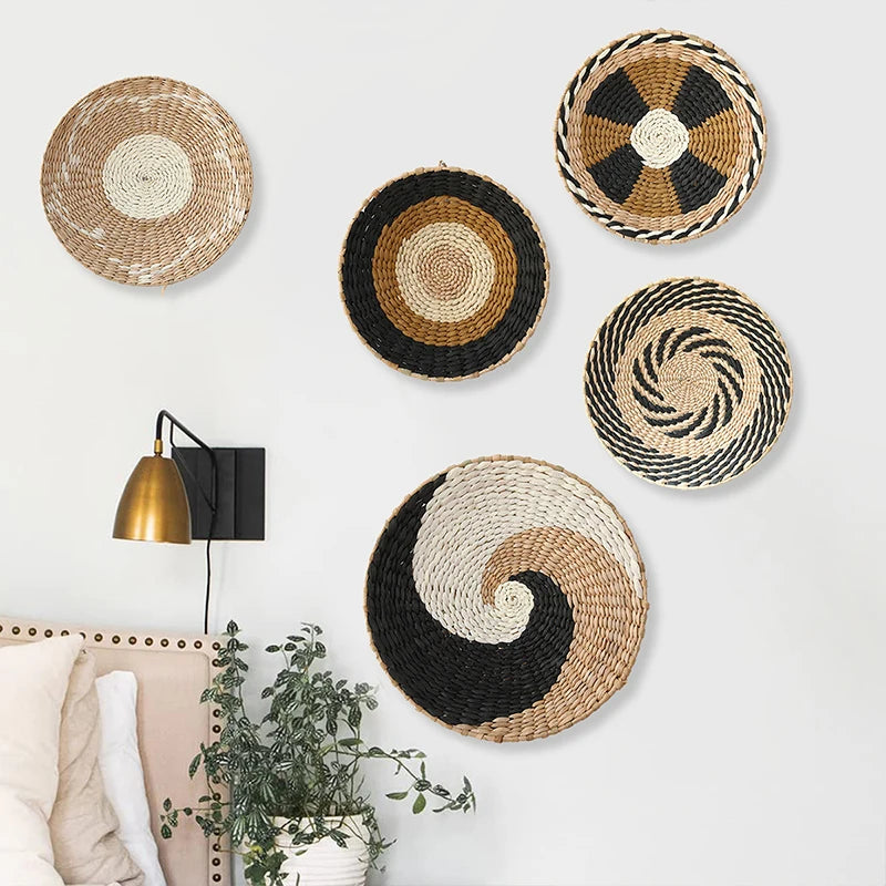 Boho Hanging Wall Décor, Woven, Wall Basket Plate Straw Home Home Art, For Living Room/Farmhouse/Kitchen, Natural & Handmade