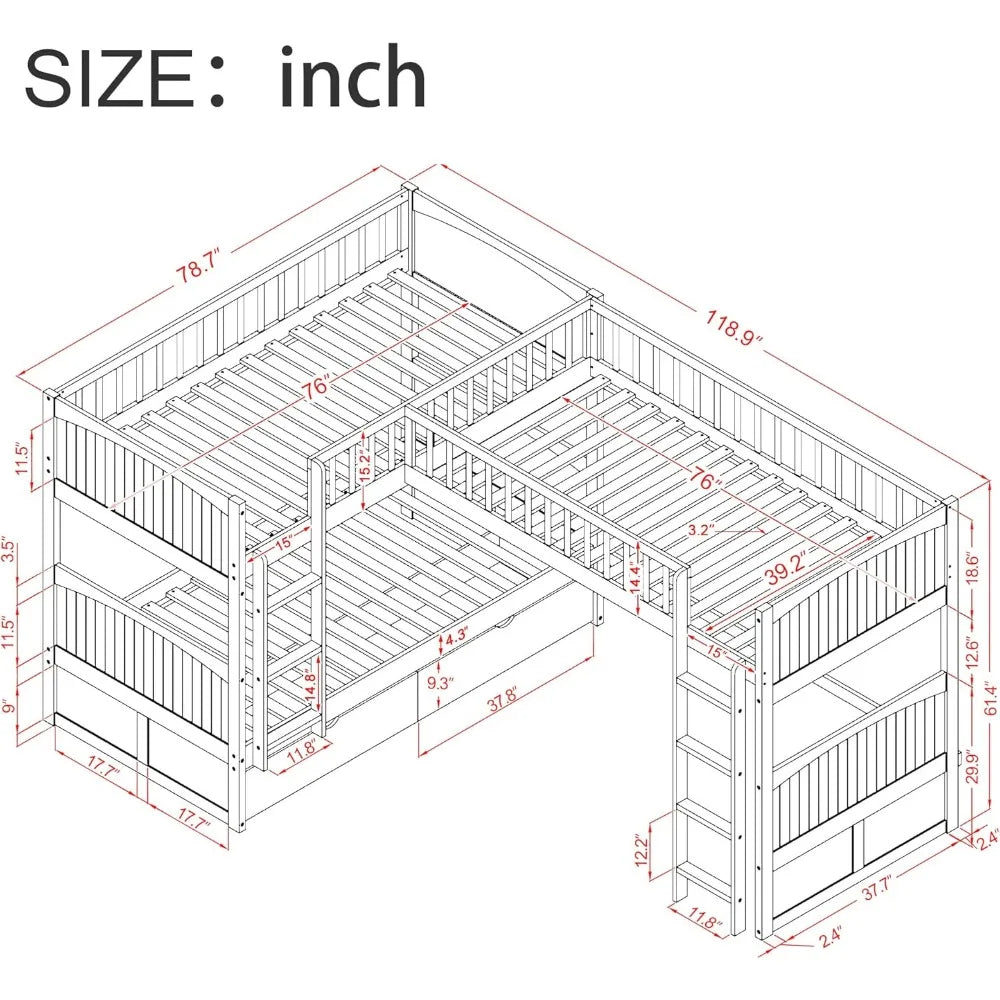 Size Bunk Bed with a Loft Bed Attached with 2 Drawers,L-Shaped Corner Triple Bunk Bed, Twin-Over-Twin Bunkbeds