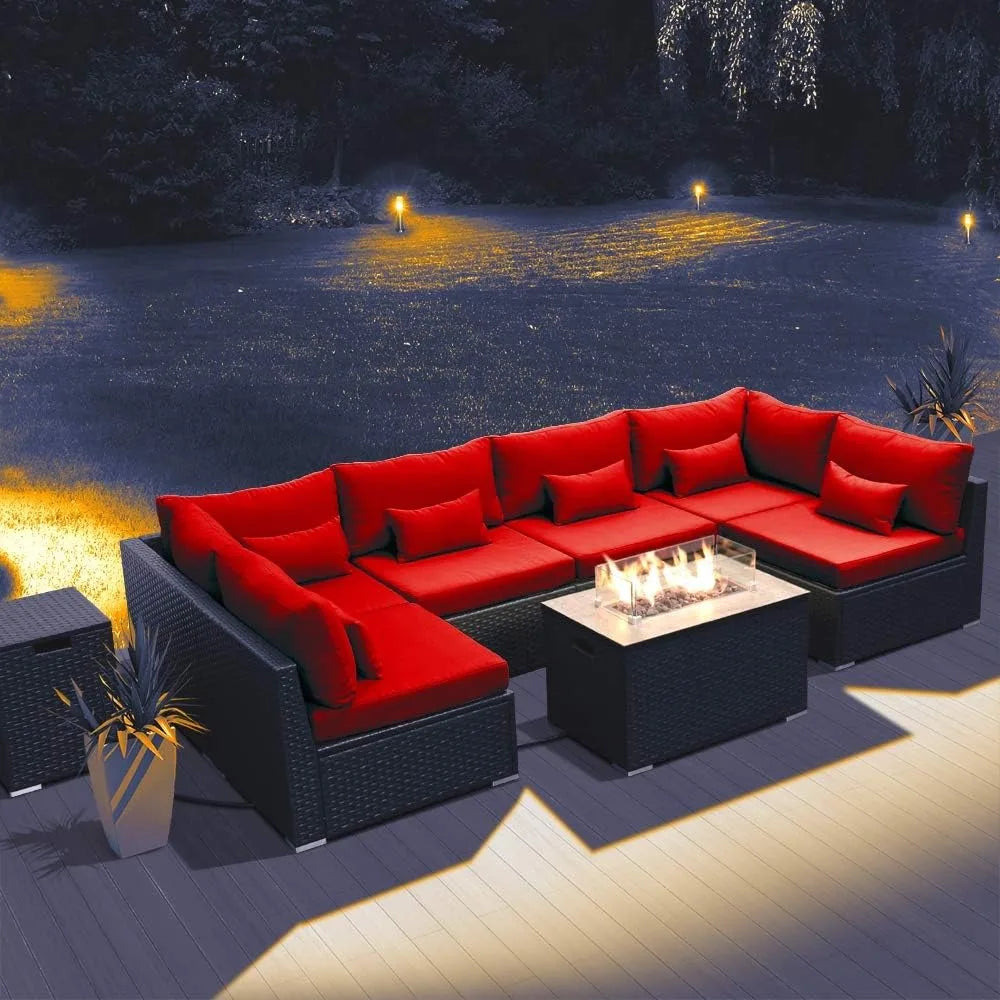 Furniture Sectional Sofa with Gas Fire Pit Table Outdoor Patio Furniture Sets Propane Fire Pit red-Rectangular Garden Sofas