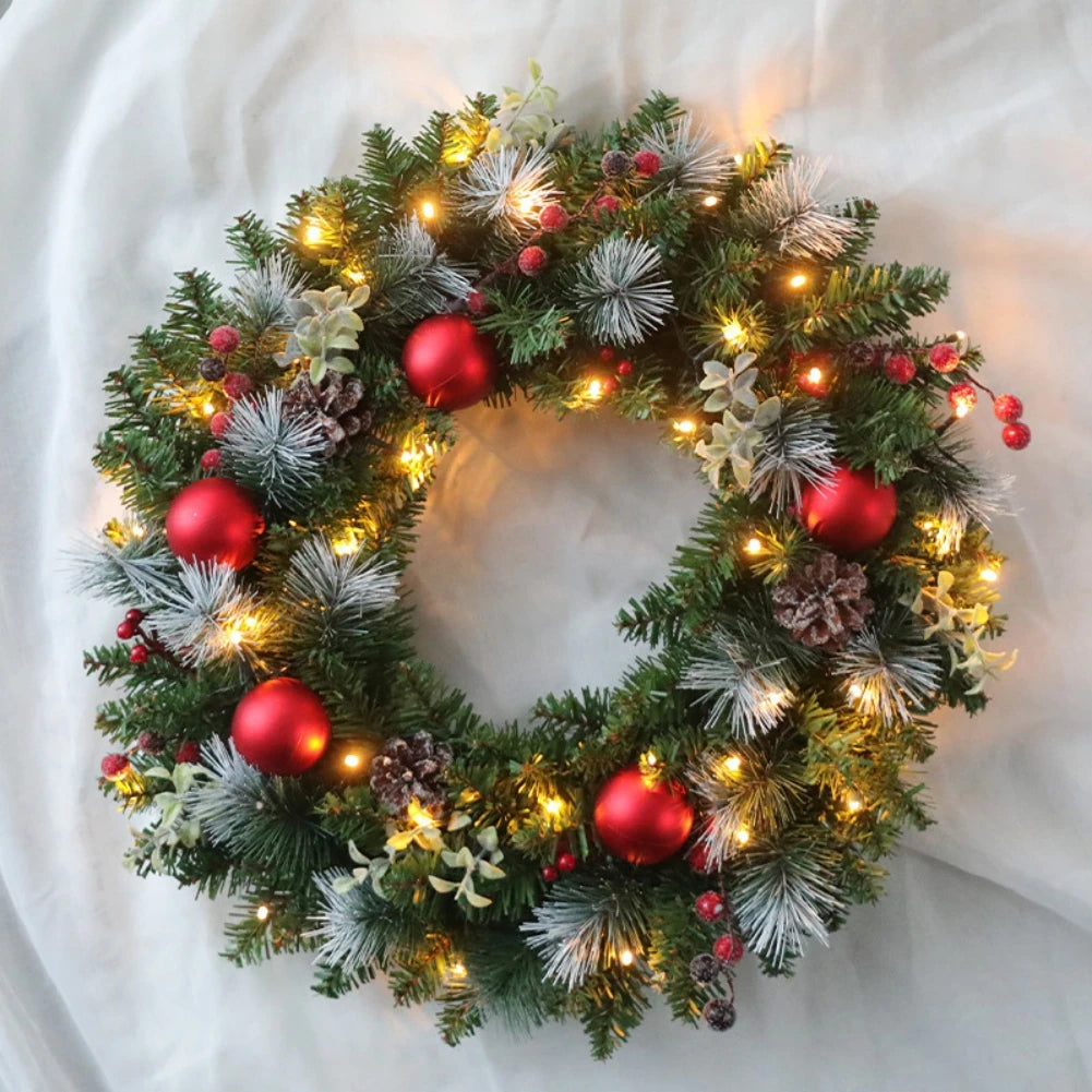 40cm Simulation LED Christmas Wreath Front Door Christmas Wreath with Lights Red Berry Xmas Decoration for Window Wall Decors