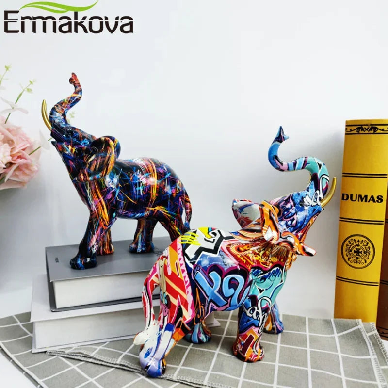 ERMAKOVA Nordic Painting Graffiti Elephant Sculpture Figurine Art Elephant Statue Creative Resin Crafts Home Decoration Gift