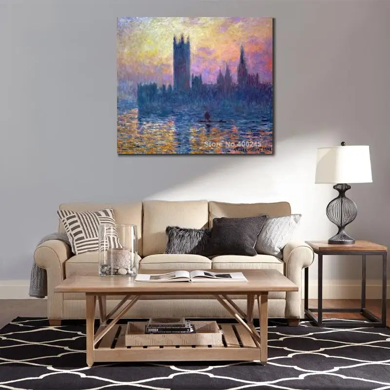 Impressionist Landscape Canvas Art Claude Monet Painting The Houses of Parliament Sunset Artwork Living room Decor High Quality