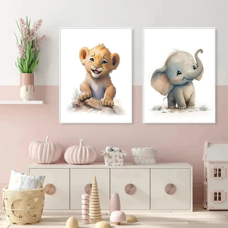 Cartoon Jungle Animals Painting, Cute Elephant, Lion, Hippo, On Canvas  Children's Bedroom Wall Art Pictures Baby Room Decor