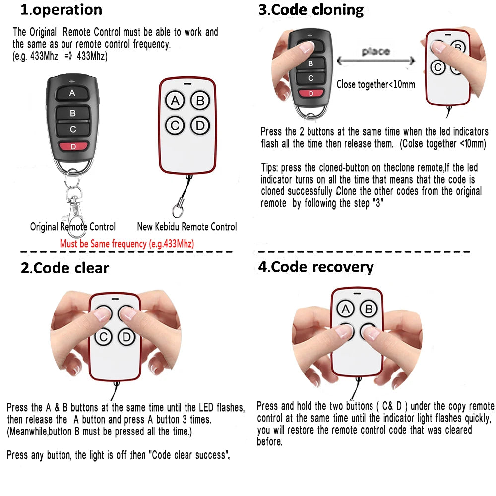 KEBIDUMEI 433Mhz Copy Remote Control Auto 4 Keys Code Garage Gate Door Garage Door Control Duplicator Portal Remote Control Key