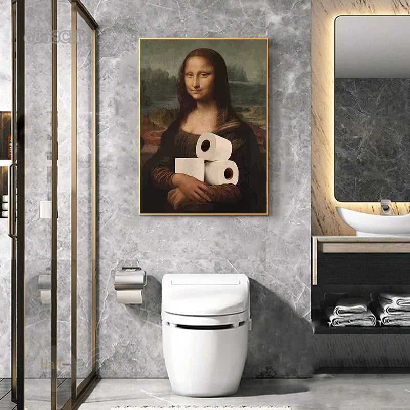 Funny Bathroom Toilet Poster Mona Lisa and Wearing Pearls Girl with Roll Paper Canvas Prints Posters Home Toilet Wall Art Decor