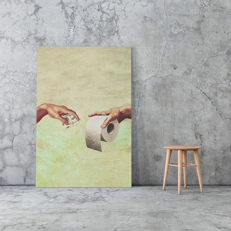 Retro Hand of God and Adam Funny Toilet Paper Picture Canvas Painting Poster For Wash Room Bathroom Living Wall Art Home Decor