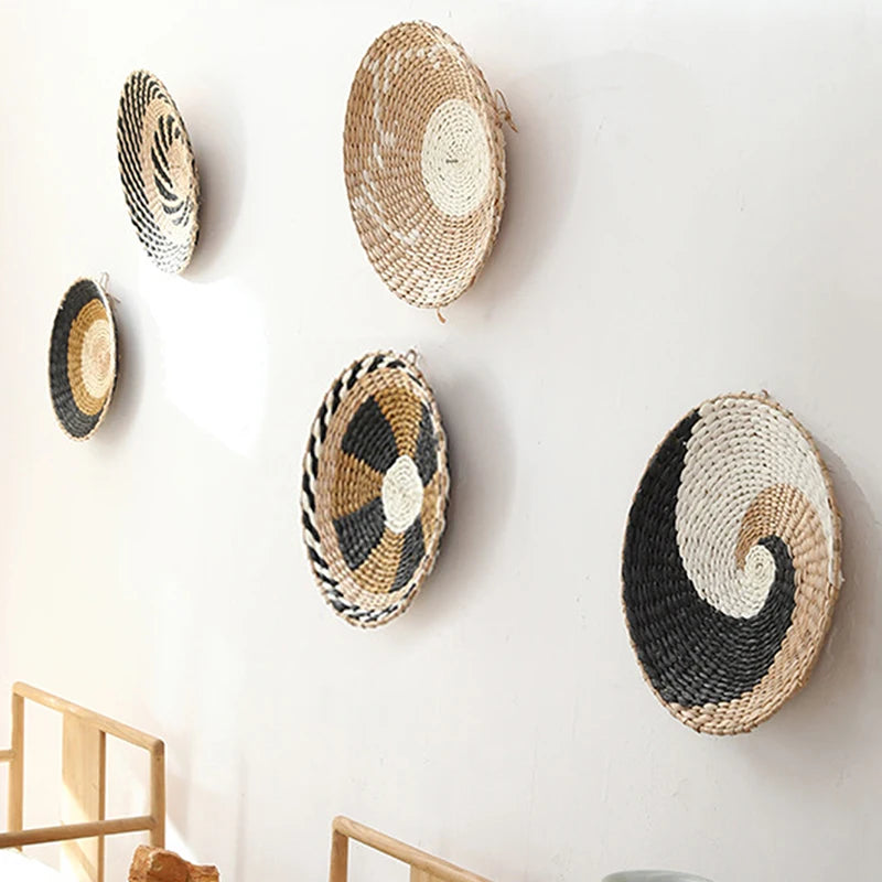 Boho Hanging Wall Décor, Woven, Wall Basket Plate Straw Home Home Art, For Living Room/Farmhouse/Kitchen, Natural & Handmade