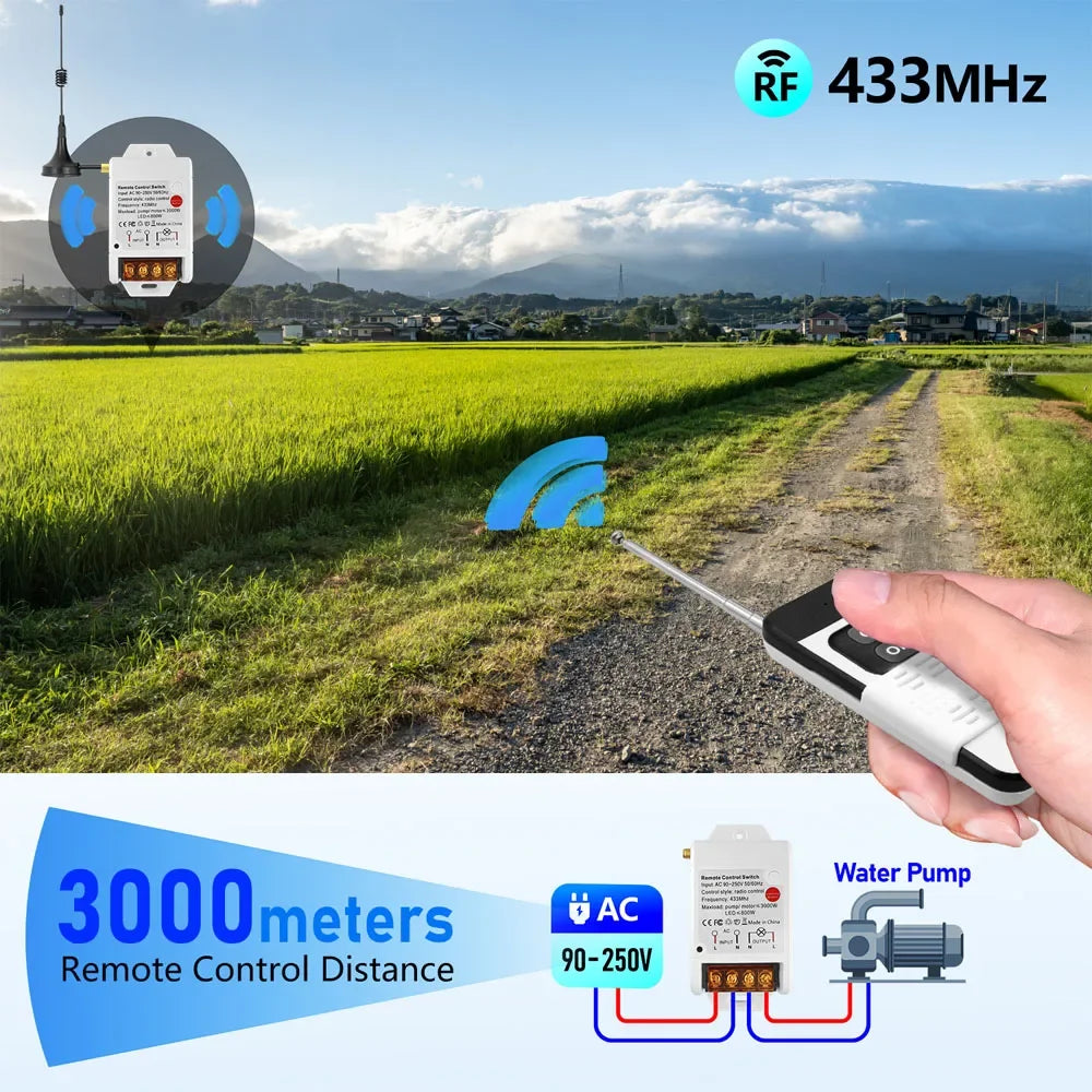 RF 433 Mhz Universal Wireless Remote Control Switch 110V 220v 30A  3000M Remote Control for Electric Gate Light water pump