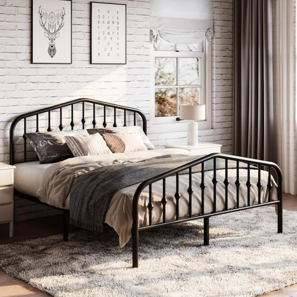 Large Metal Platform Bed Frame, Victorian Style, Wrought Iron, Art Headboard, Footboard, Black