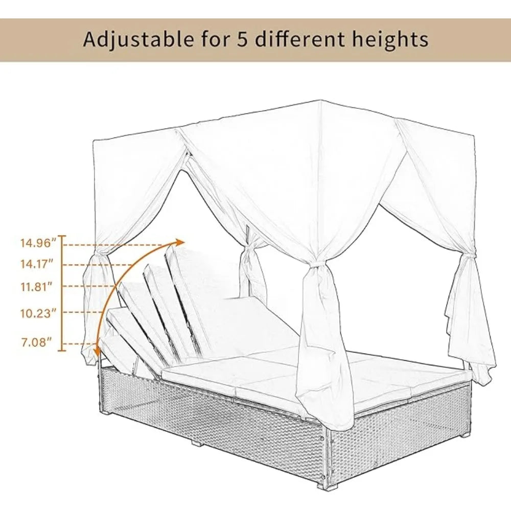 Patio Lounge, Outdoor Sunbed Canopy Bed Daybed with Retractable Canopy, Rattan Sun Lounger Patio Loveseat Sofa Set with Curtains