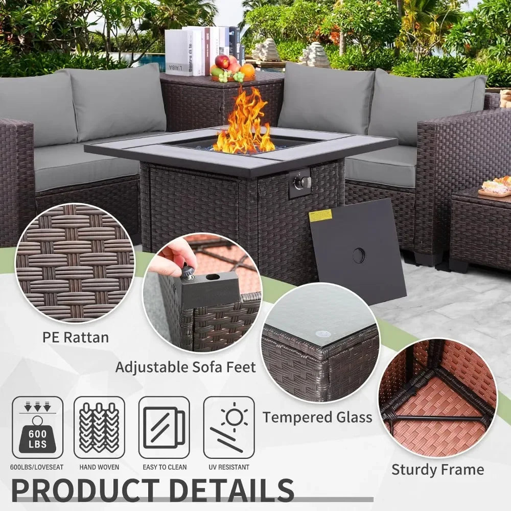 Outdoor Sofa Sets, Wicker Outdoor Brown Rattan Sectional Sofa Loveseat Couch and Propane Fire Pit, Outdoors  Gardens Sofas Sets