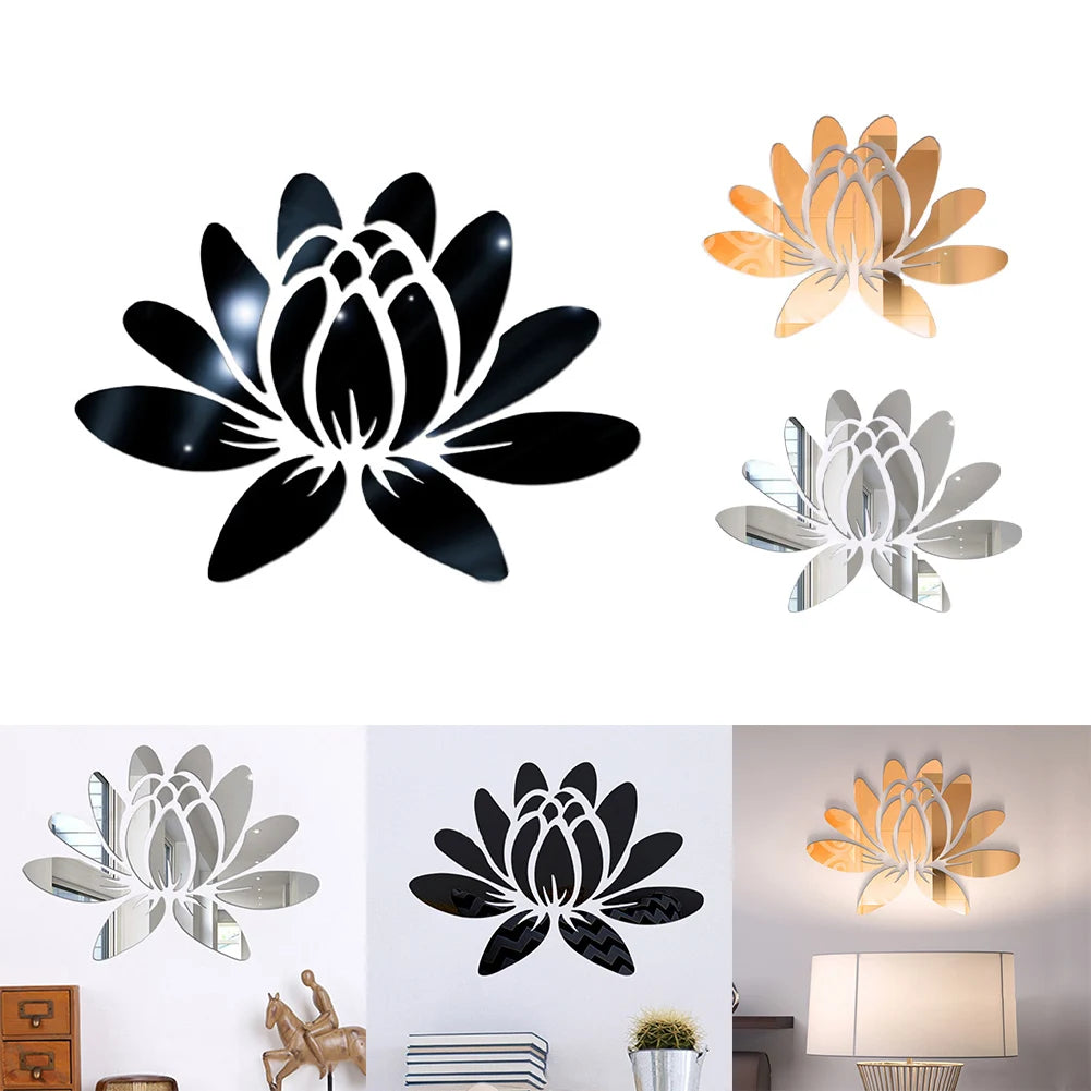 3D Lotus Flower Mirror Wall Sticker, Removable Acrylic Art Mural For Wall Décor