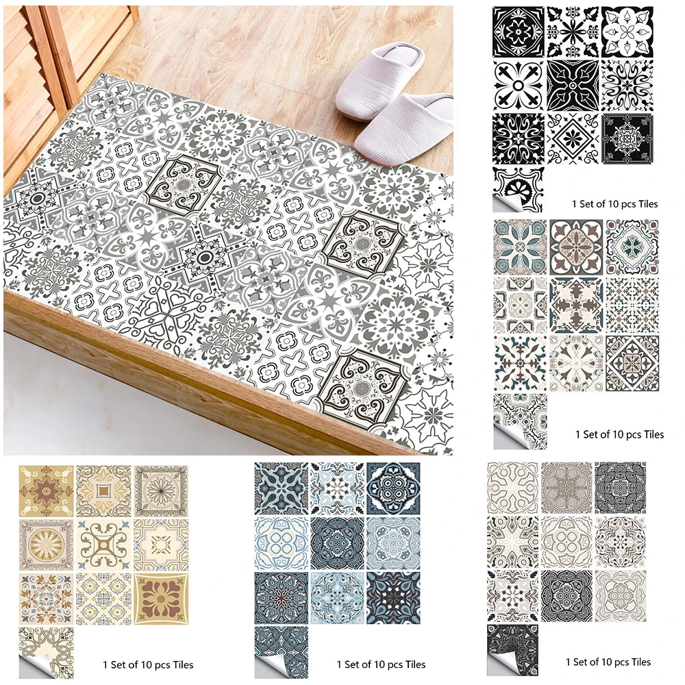 10pcs Retro Pattern Matte Surface Tile Stickers, Covers for Kitchen, Bathroom, Tables and Floor, Hard-wearing Art Decals