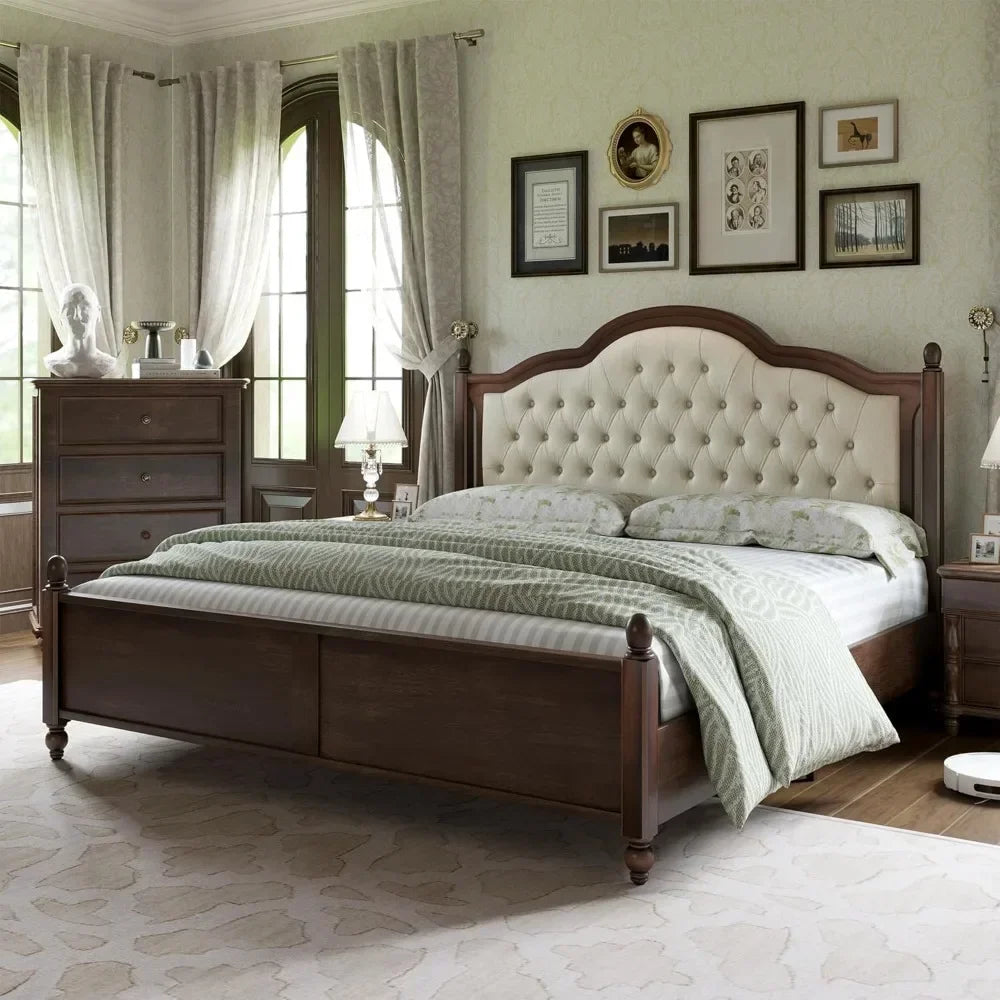 King Size Solid Wood Bed Frame, Transitional Platform Bed with 52.5" Upholstered Tufted Headboard, Rubberwood