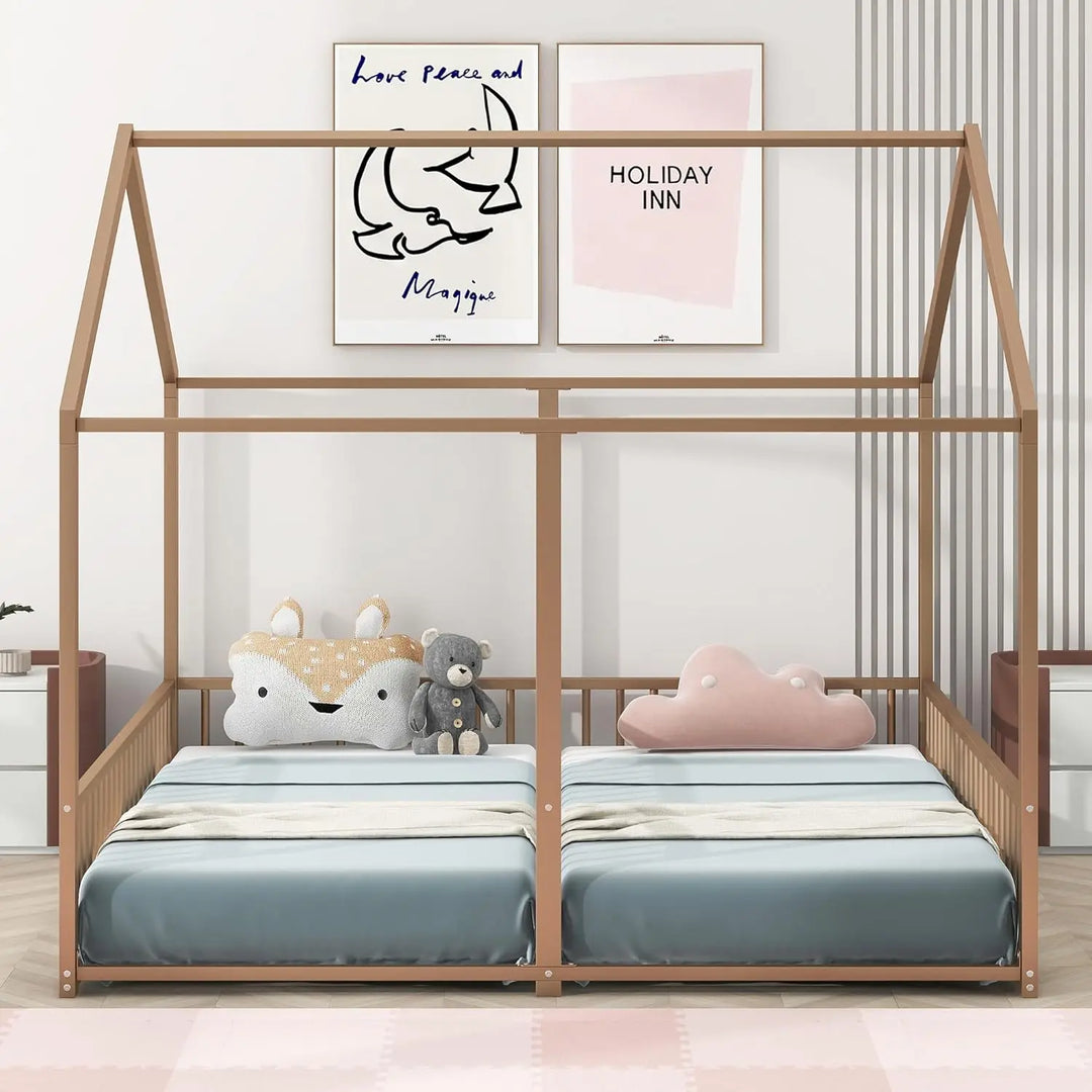 Bellemave Double Twin House Bed,Twin Size House Platform Beds,Two Shared Beds,Metal Floor Bed Frame with Rails