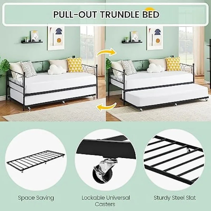 Metal Daybed Frame with Trundle Heavy Duty Metal Slats/Mattress Foundation Platform Sofa Bed with Headboard for Bedroom,