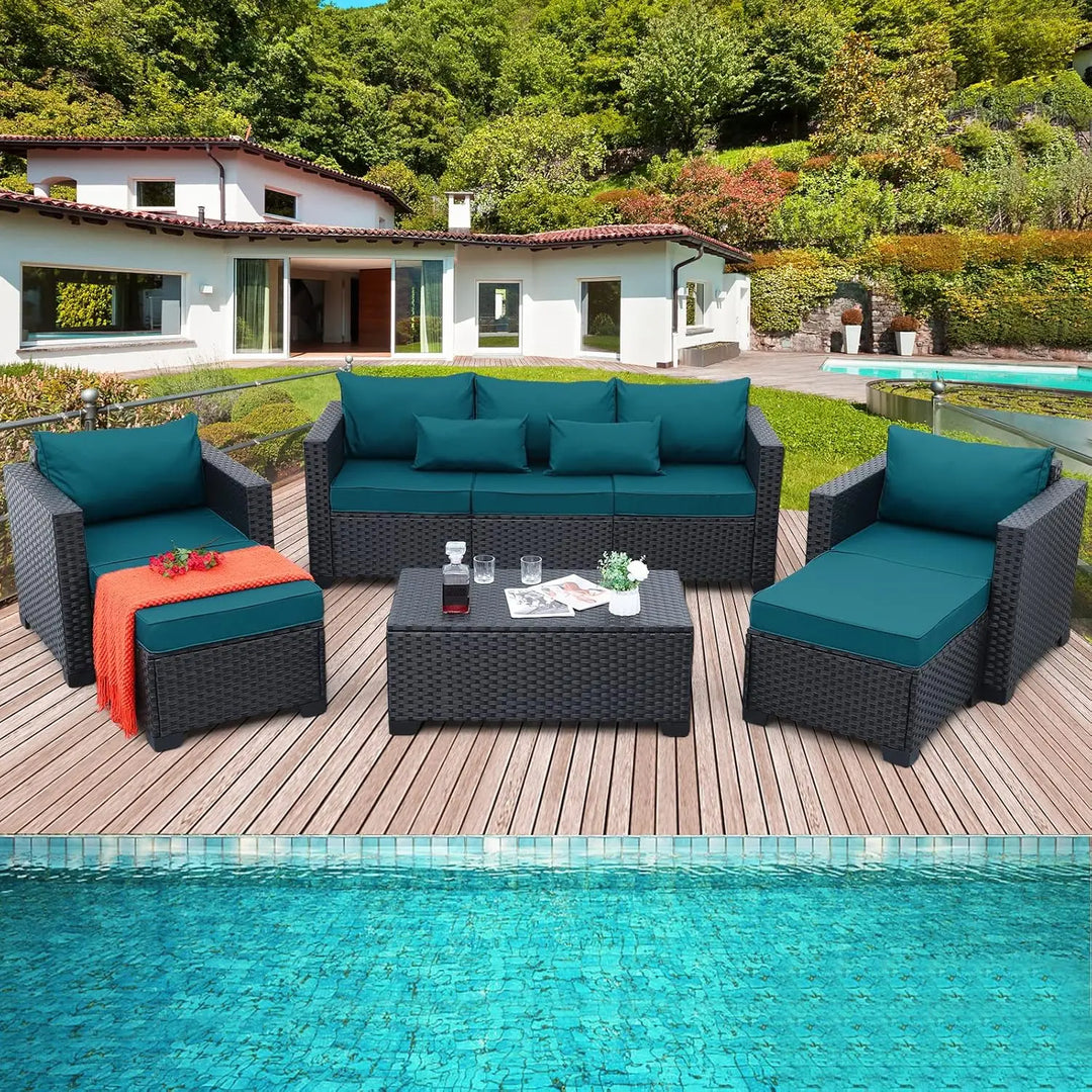 Patio Furniture Set 6 Pieces Couch Outdoor Chairs Coffee Table Peacock Blue Anti-Slip Cushions and Waterproof Covers