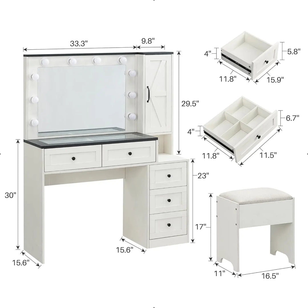 Farmhouse Vanity Makeup Desk with Charging Station, 43" W Vanity Desk with Lights Mirror and Drawers for Makeup, Big Modern