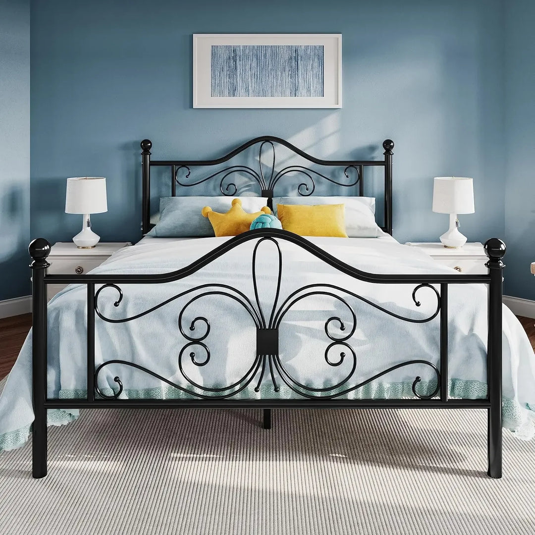 Queen Size Bed Frame and Headboard,Metal Bed Frame with Butterfly Pattern Design Headboard