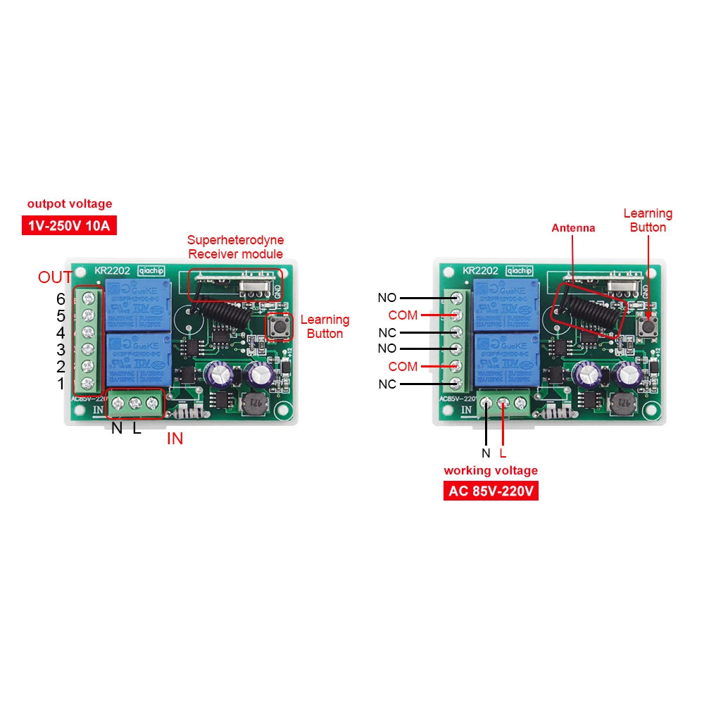 433Mhz 220V 110V Remote Control Switch for Light,Door, Garage Universal Remote AC 85V ~ 250V 2CH Relay Receiver and Controller3