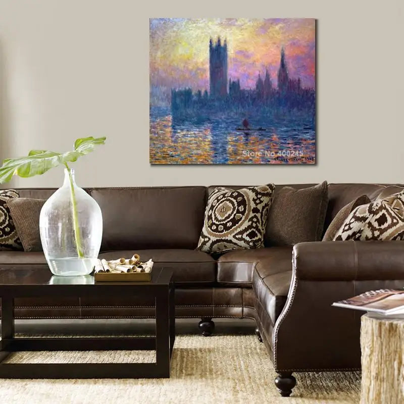 Impressionist Landscape Canvas Art Claude Monet Painting The Houses of Parliament Sunset Artwork Living room Decor High Quality