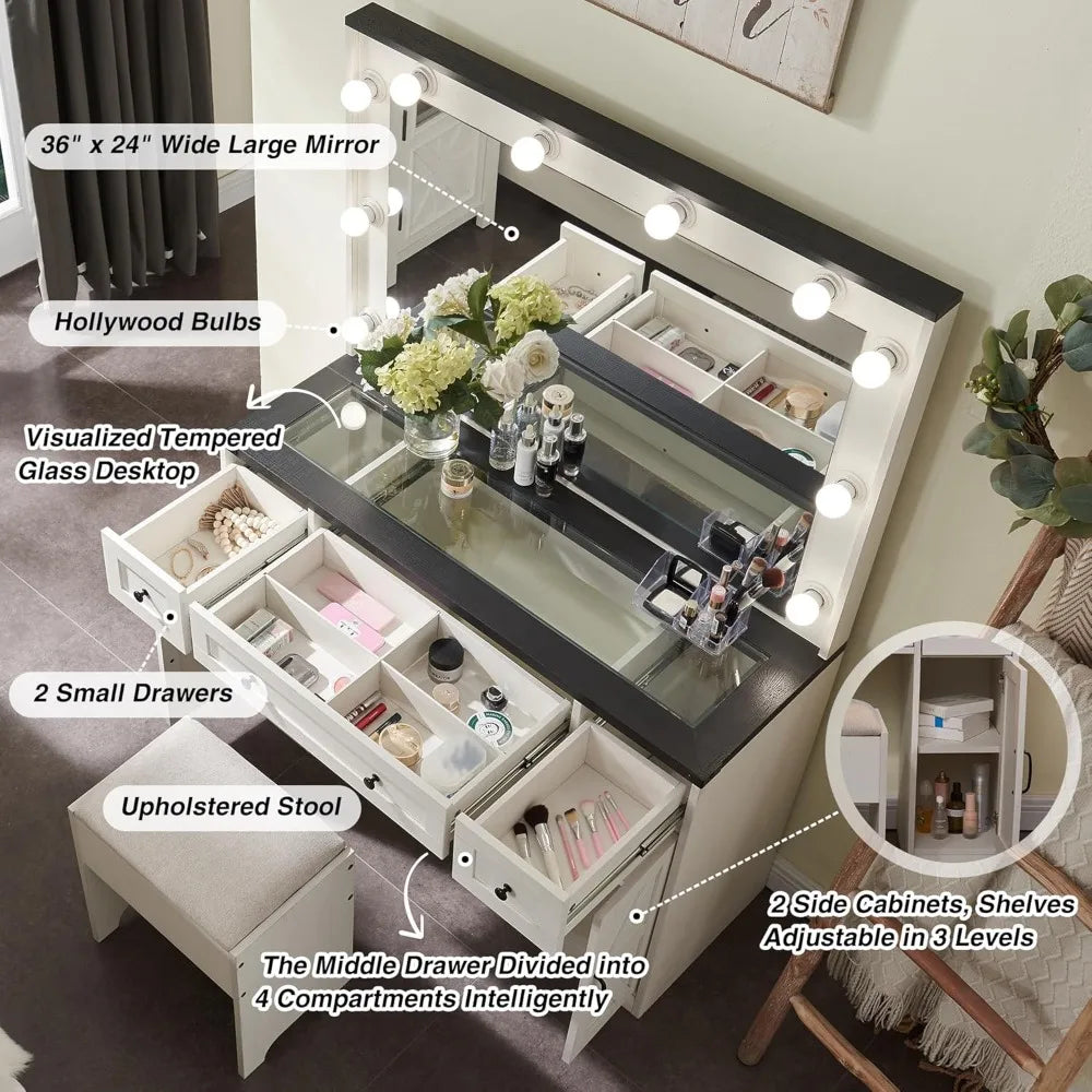 Farmhouse Vanity with Hollywood Makeup Mirror, Storage Function Vanity, White Vanity Table and Chair Set