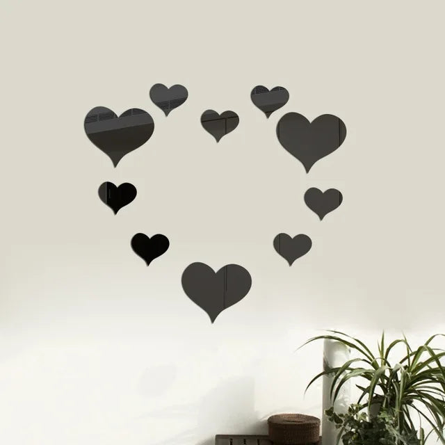 10Pcs/Set 3D Acrylic Mirror Wall Stickers in Gold or Silver Hearts Removable Wall Décor