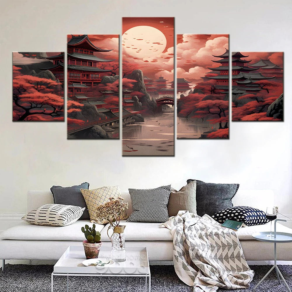 5 Piece Japanese Landscape Fantasy Print On Canvas of Beautiful Decorative Artwork