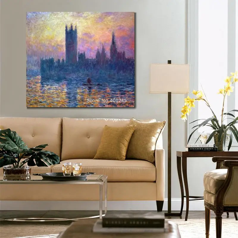 Impressionist Landscape Canvas Art Claude Monet Painting The Houses of Parliament Sunset Artwork Living room Decor High Quality