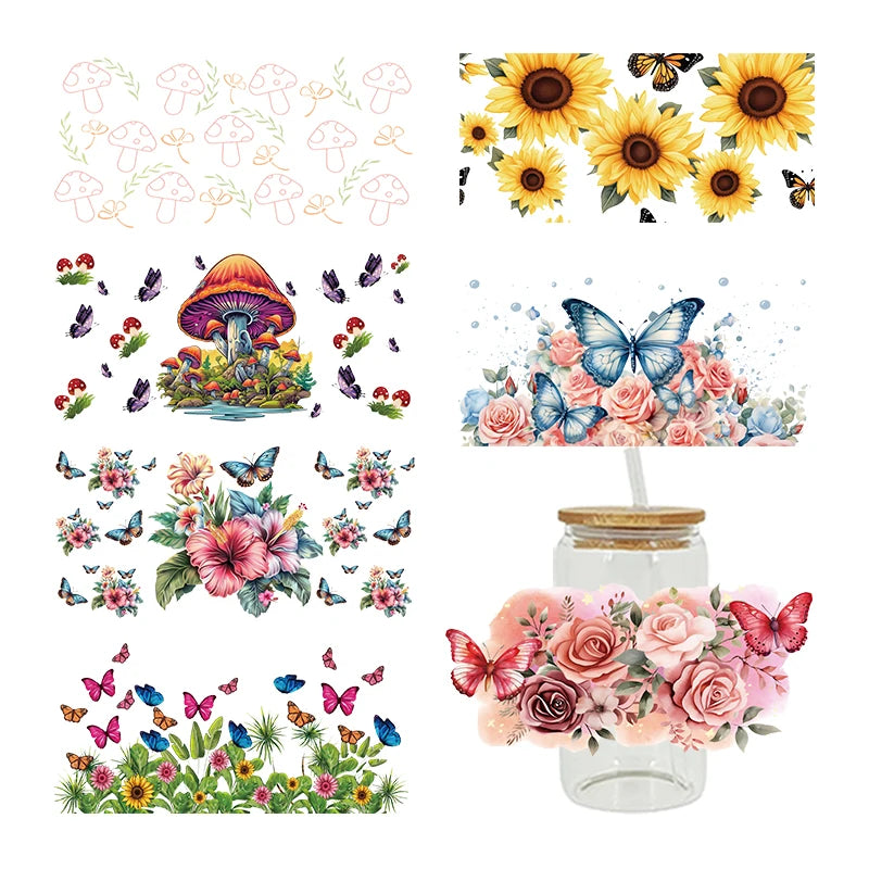 3D UV DTF Transfers Stickers 16oz Cup Wraps Plant Flower Butterfly Printed For DIY Glass Ceramic Metal Leather Etc. D17234